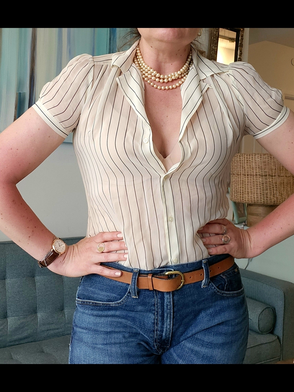 Lauren Ralph Lauren Cream Silk Pinstripe Short-Sleeve Blouse